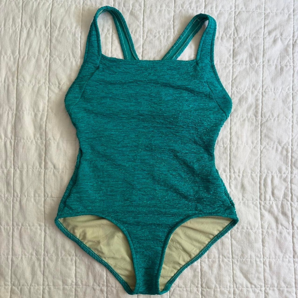 Vintage 90s Teal Aqua Square Neck Racerback One Piece Swimsuit Medium Large